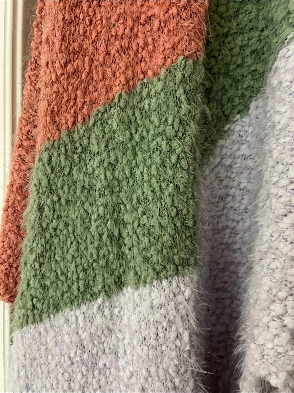Matilda Jane Colorblock Fringe Shawl in Coral, Sage & Light Gray